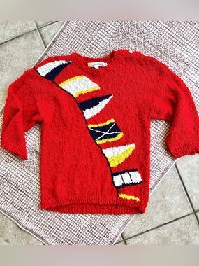 CHAUS Boat Flags Red Sweater 80s 90s Long Slouchy Womens M